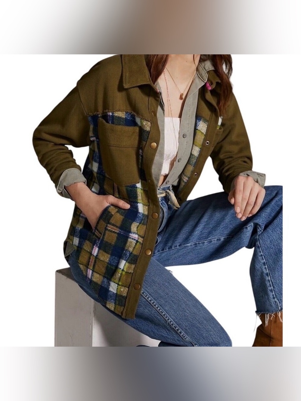 Anthropologie PILCRO Olive plaid snap up shacket size L - Picture 2 of 10